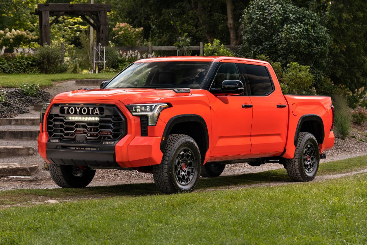 Side view photo of red toyota tundra on the grass parked. 