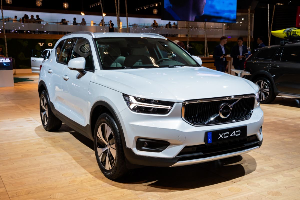 Elegant looking white Volvo XC40 in display at the Brussels Auto Show 2020.