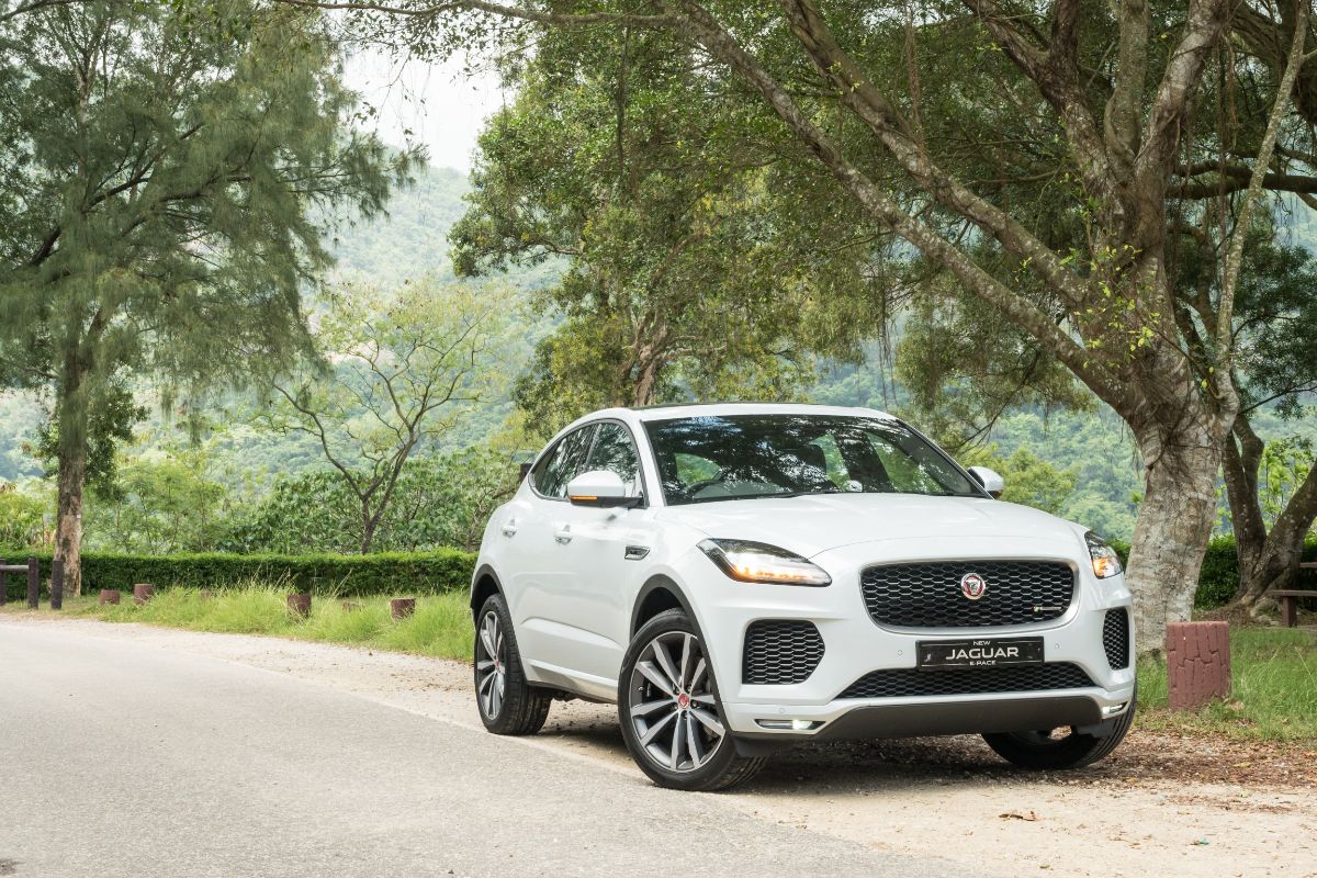 A photo of white jaguar e pace car parked at the side street under the tree.