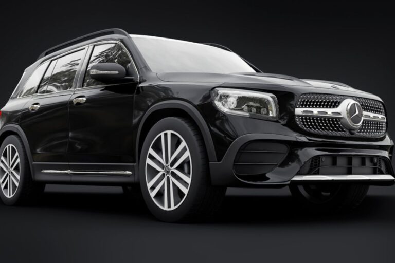 Mercedes-Benz GLB 2020 black compact luxury suv car isolated on black background.