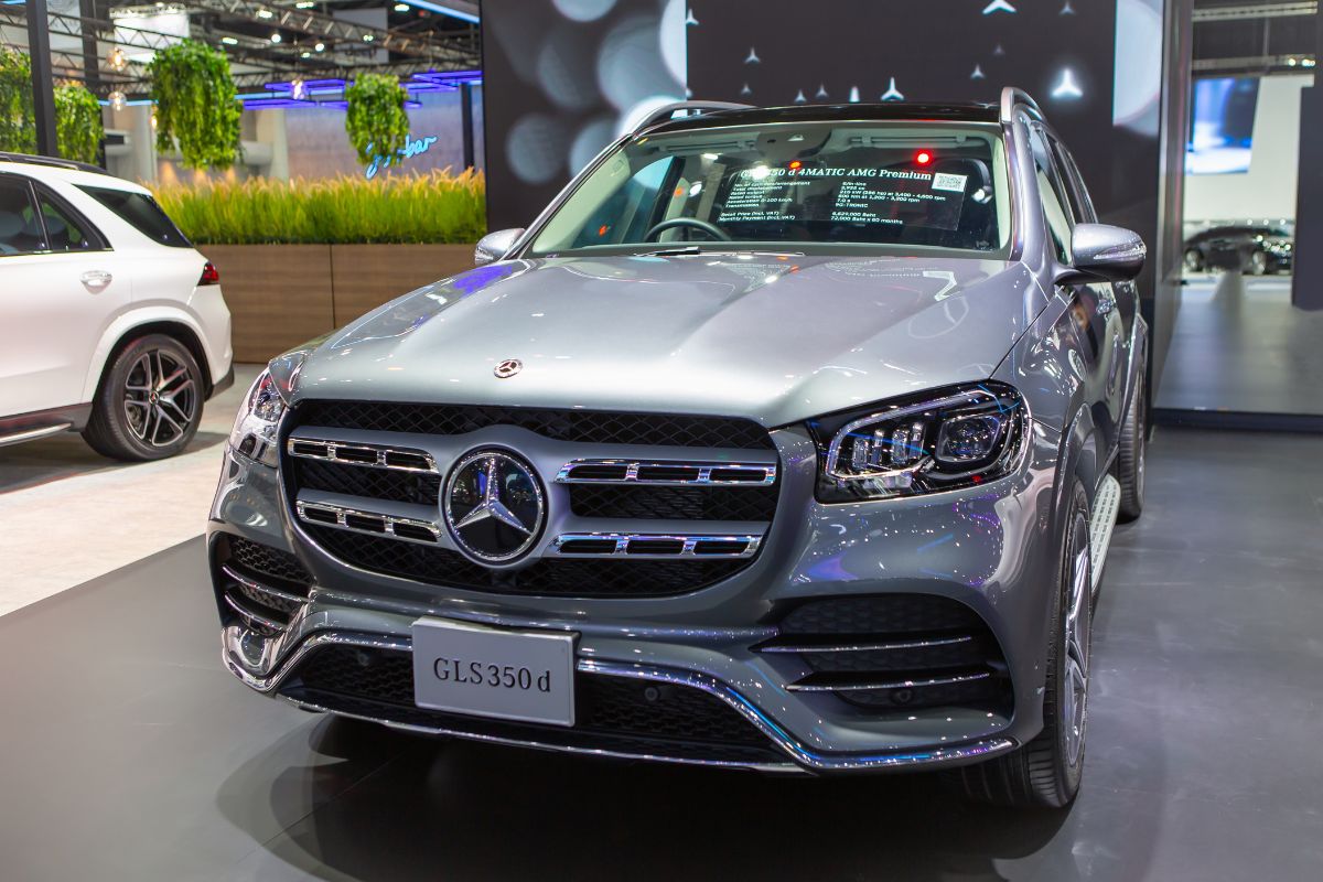 Front shot of the luxury plug-in hybrid Mercedes-Benz GLS on display at the motor show.