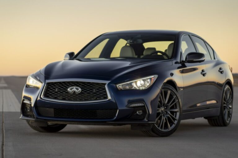 A picture of shiny Infiniti Q50 car in black color photographed at dusk.