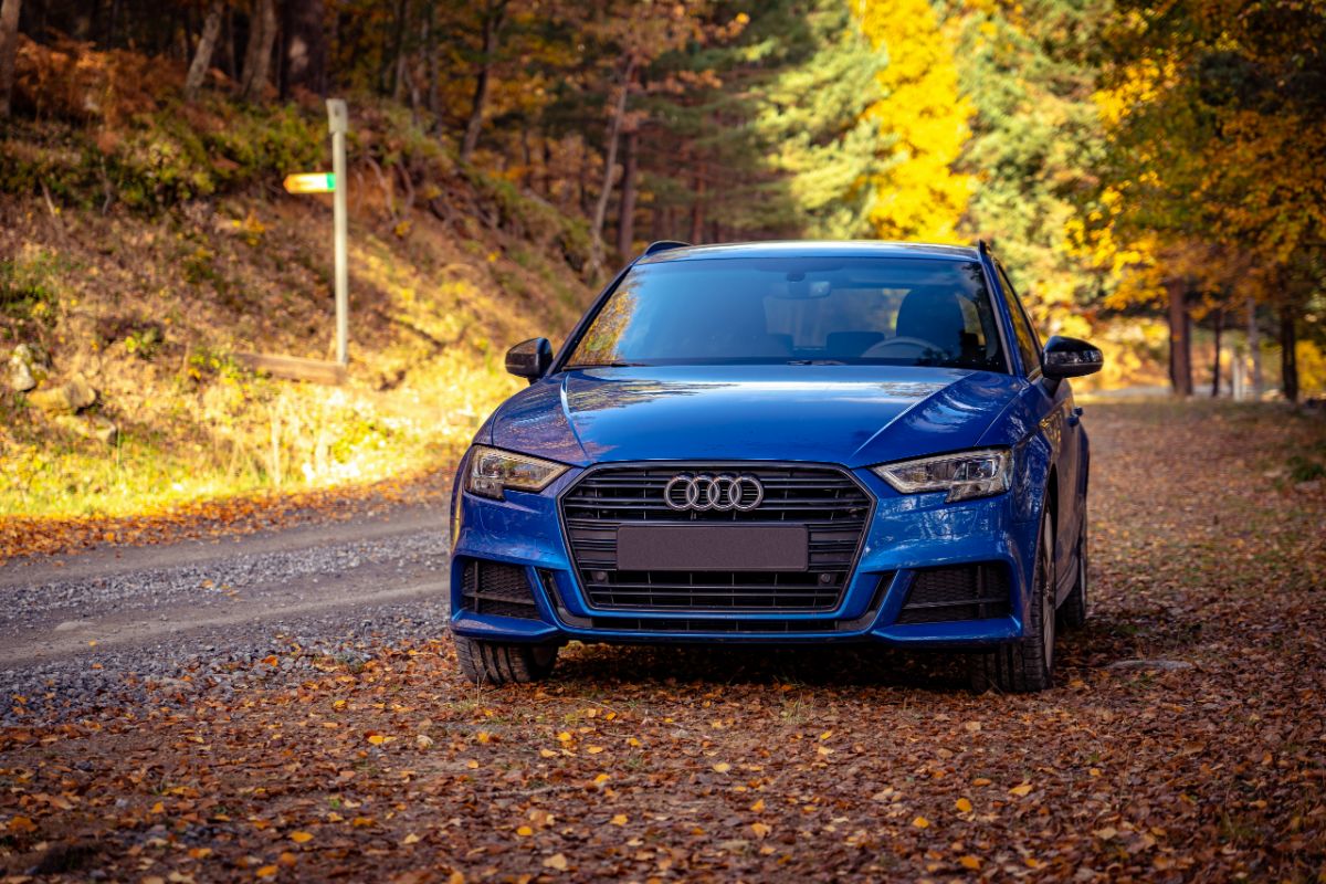 On the side of the road in a gorgeous autumn setting, a blue Audi A3 was parked.