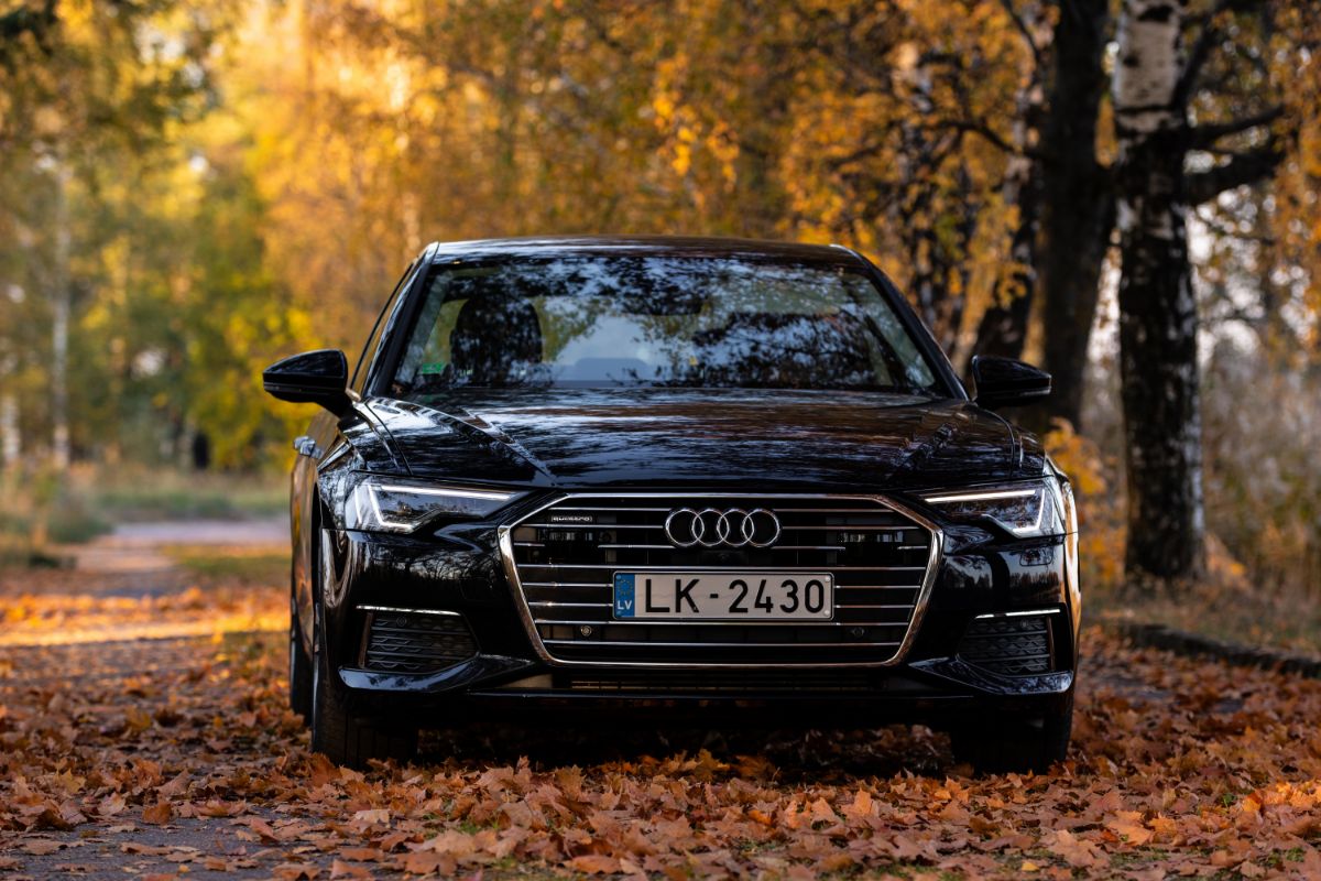 A black Audi A6 car photographed along the road full of dried leaves autumn weather.