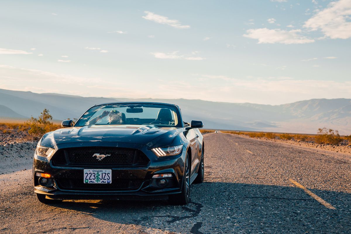 Black Ford Mustang GT is parked by the infinite long road in the middle of a death valley.