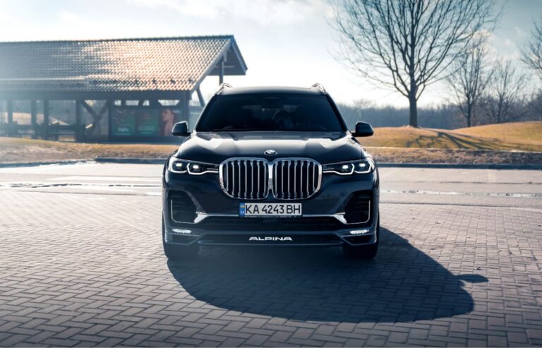 Front view of a luxurious BMW Alpina XB7 in metallic black colorway.