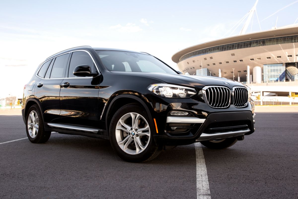 View from the front of a black BMW X3 crossover.