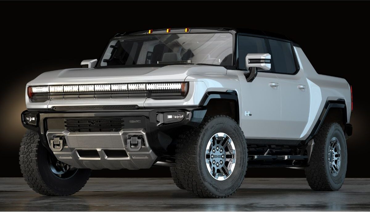 The brand new Hummer EV pick up truck in white colorway 3D illustration.