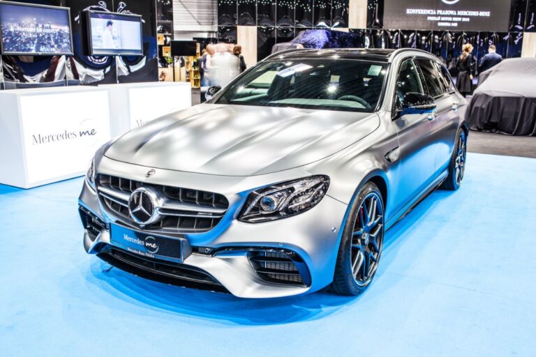 Brand new Mercedes Class E-wagon in metallic silver colorway in display at the Polan Auto Show.