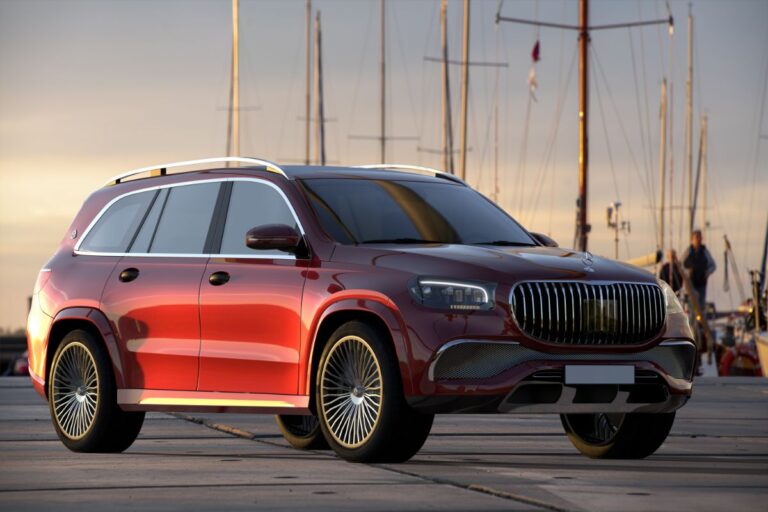 A 3D illustration of a Mercedes GLS Maybach luxury SUV was taken in a marina.