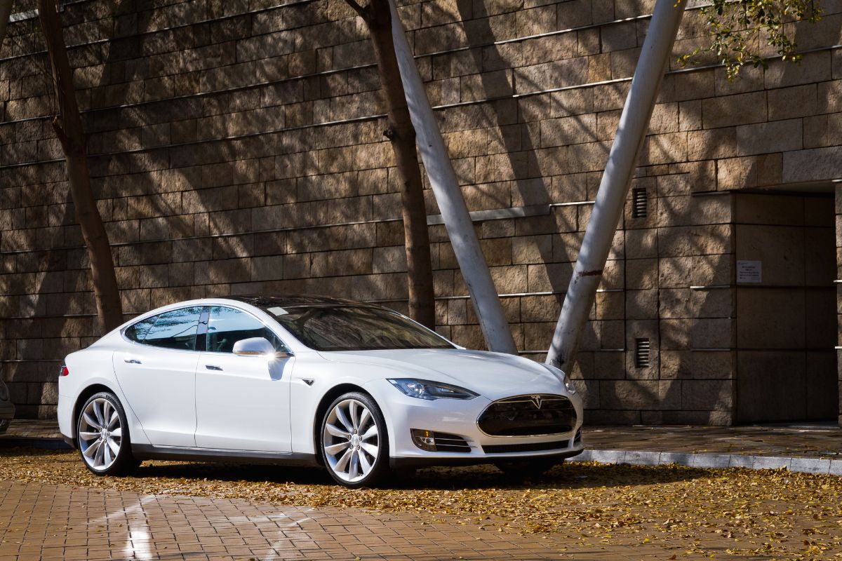 Side view of a white Tesla Model S car parked under the tree.