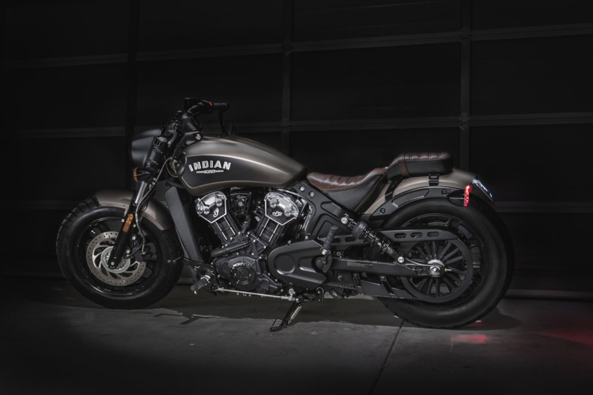 Indian Scout Bobber Photoshoot in a garage.