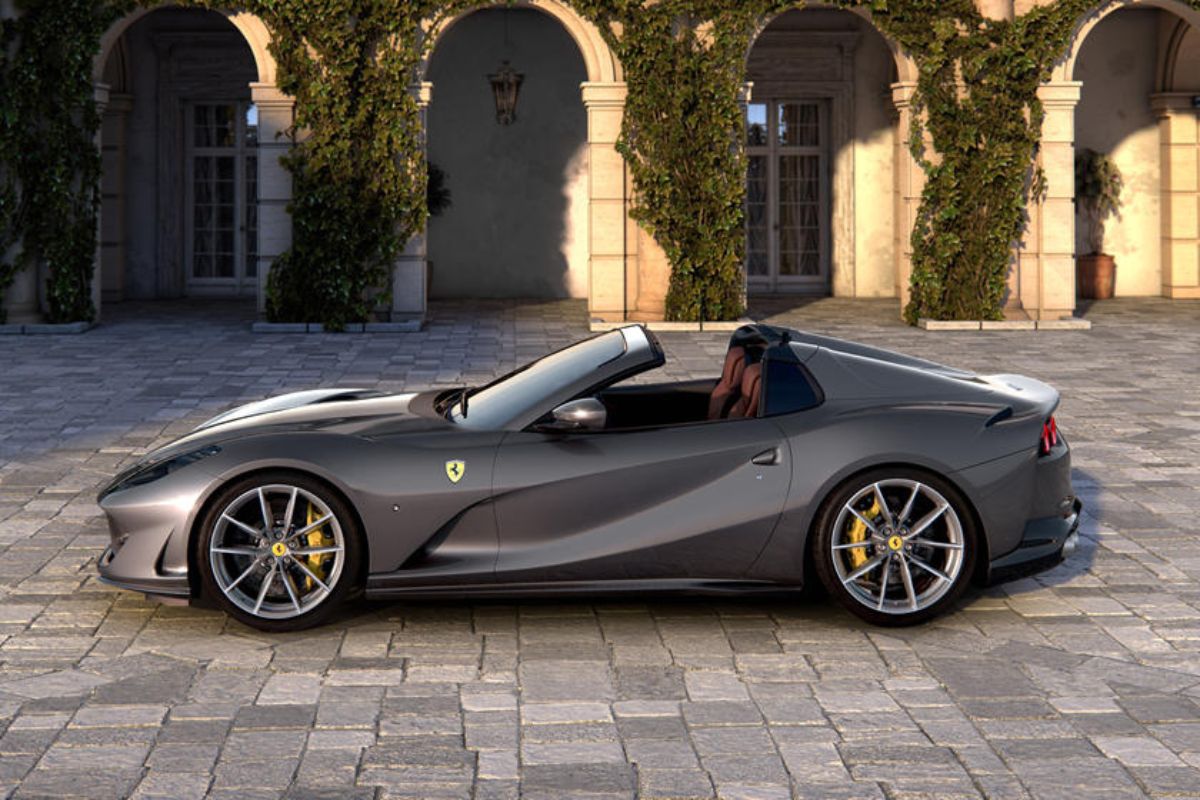 Side view of 2022 Ferrari 812 GTS sports car in grey color.