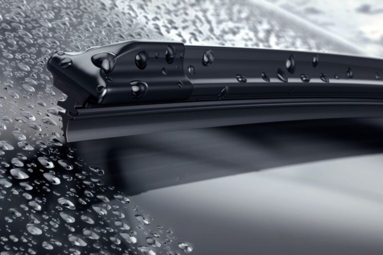 Car windshield with rain drops and frameless wiper blade close-up. 3d render.