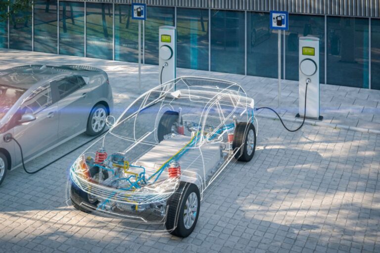 Generic electric car with battery visible x-ray charging at public charger in city parking lot with lens flare 3d render.