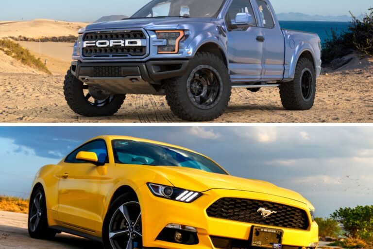 Ford F-150 and ford mustang on a collage photo.