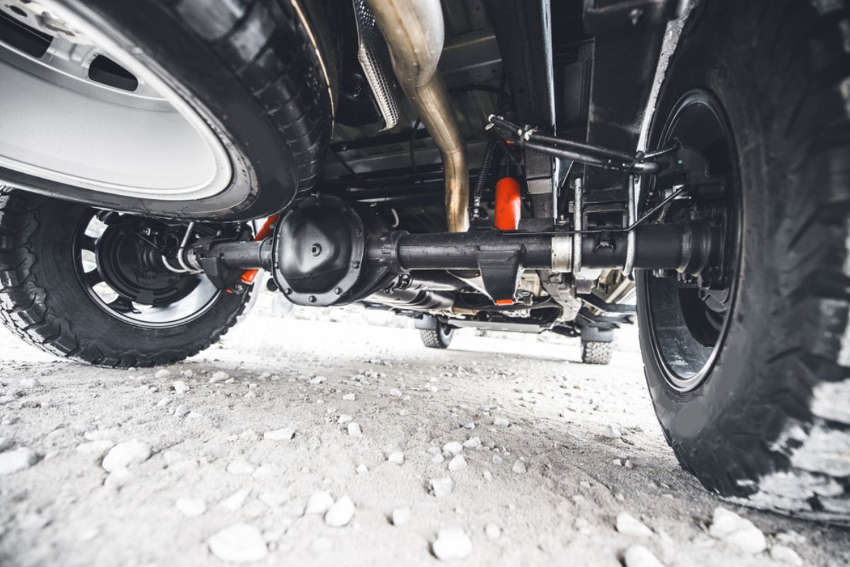 Low angle shot of an off road car suspension. 