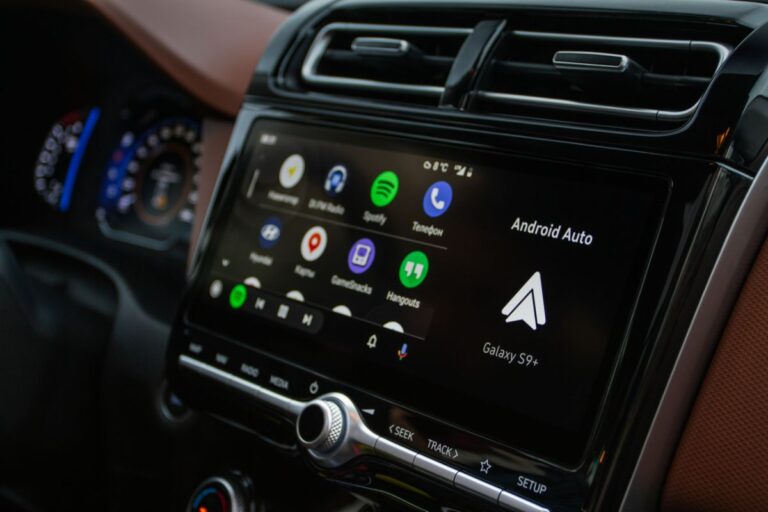 Close up of Android Auto on the screen of a modern car.