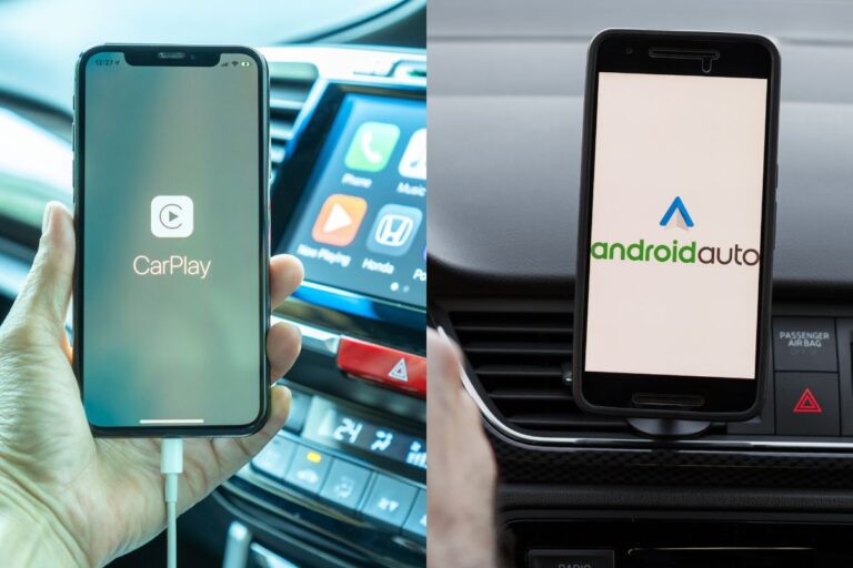 Collage photo of Apple CarPlay vs Android Auto.