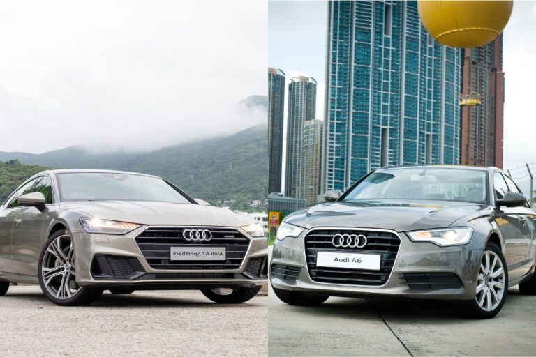 A collage photo of two cars, Audi a7 and Audi a6.