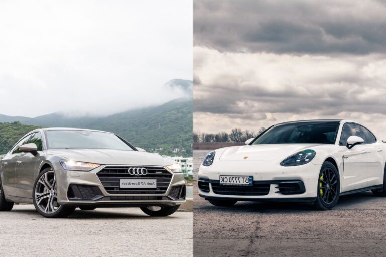 A collage photo of Audi A7 and Porsche Panamera.