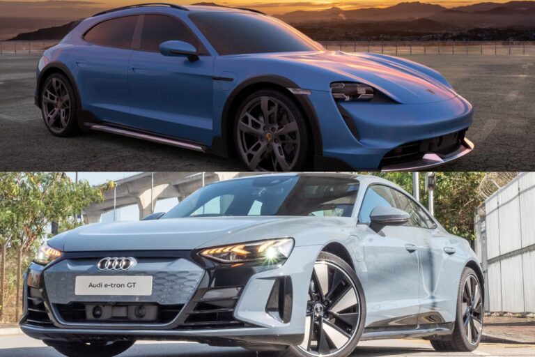 A photo collage of a 2022 Porsche Taycan and 2022 Audi E-tron GT.