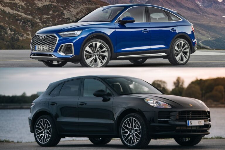 Collage photo comparison of the Audi Q5 and Porsche Macan.