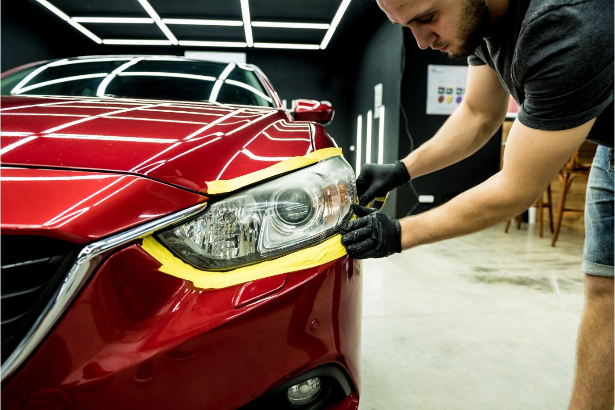 A man applying an automotive masking tape near the car's headlight.