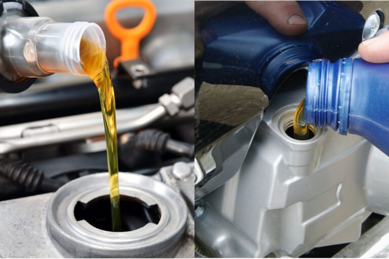 A collage photo of pouring oil to the car and motor.