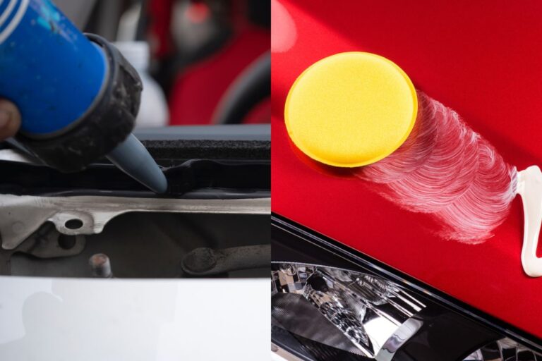 Close up photos in collage of a car sealant and car wax.