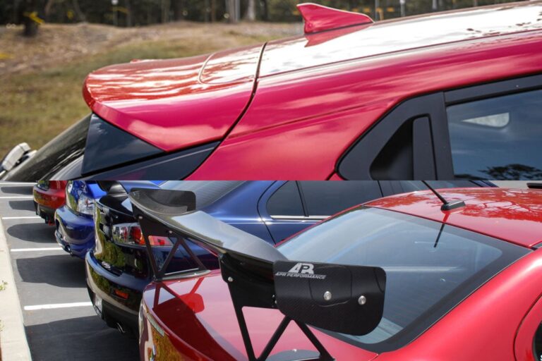 A photo colllage of a car wing and car spoiler in zoom in.