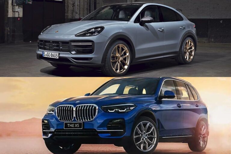 A photo collage comparison of a 2023 Porsche Cayenne and 2023 BMW X5.