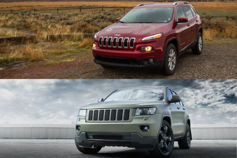 A collage photo comparison og Jeep Cherokee and Jeep Grand Cherokee.