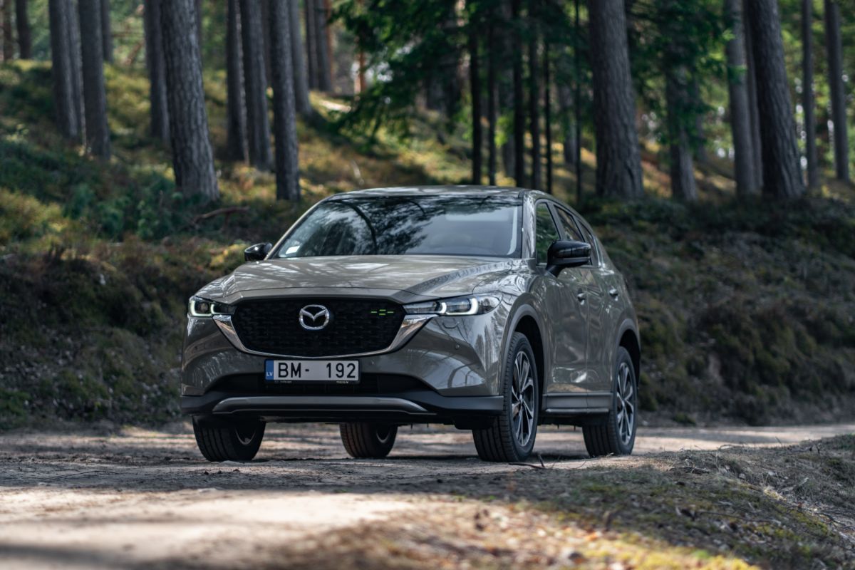 Front shot of a crossover SUV traveling through a woodland.