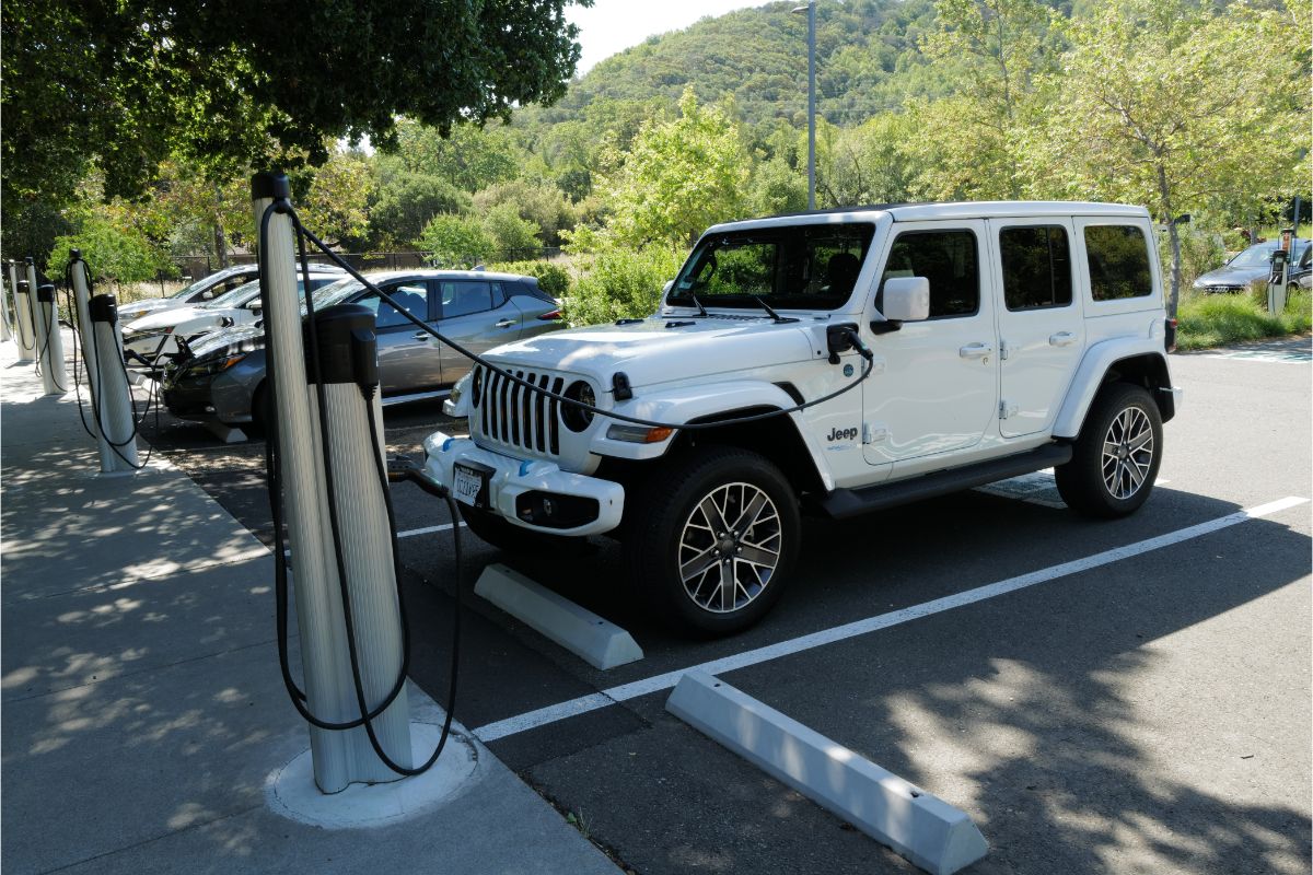 An electric vehicle jeep was spotted charging in a public charging station in California.