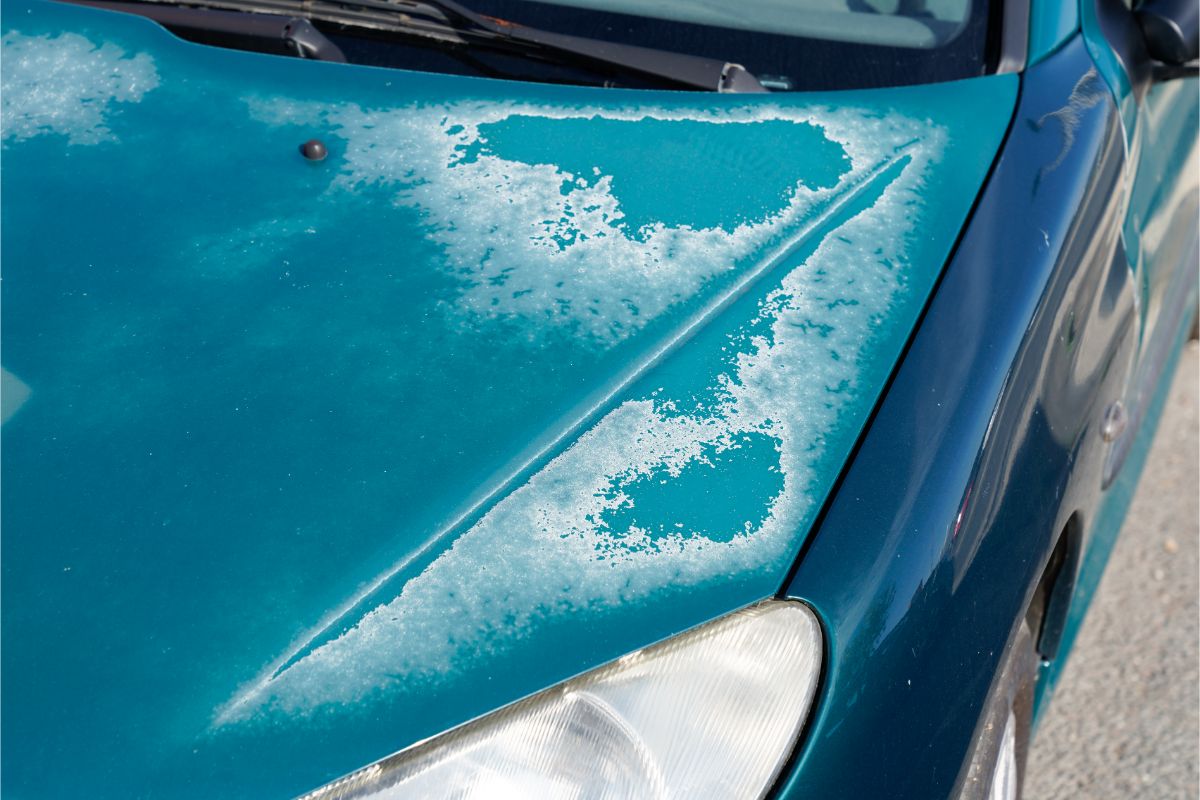 Close-up photo of an old car bonnet engine with blue green pain faded.