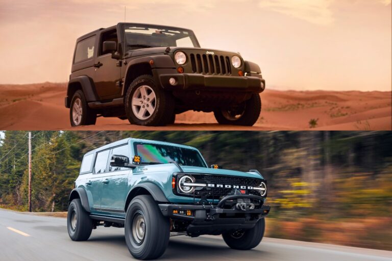 A photo collage of a Jeep wrangler and a Ford Bronco in comparison.