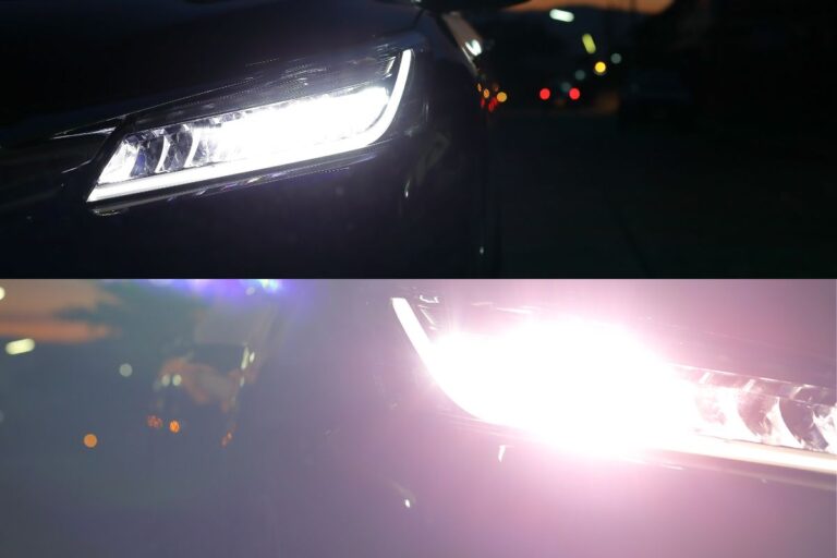 A collage of low and high beam headlights of the cars.