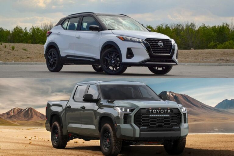 A collage photo of a pick up truck and a crossover car.