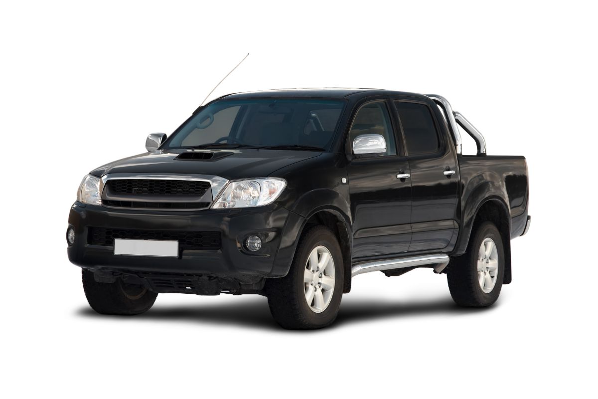 A picture of a black pick-up vehicle against a white background.