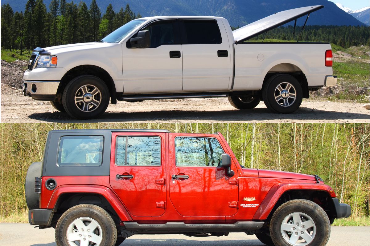 A photo of pickup truck and jeep side view shot.