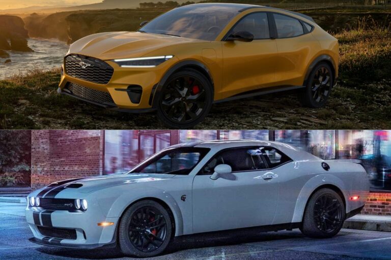 A photo collage comparison of Pony car versus mucle car.