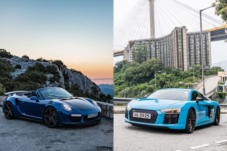 Collage photo of porsche 911 and audi r8 car models.