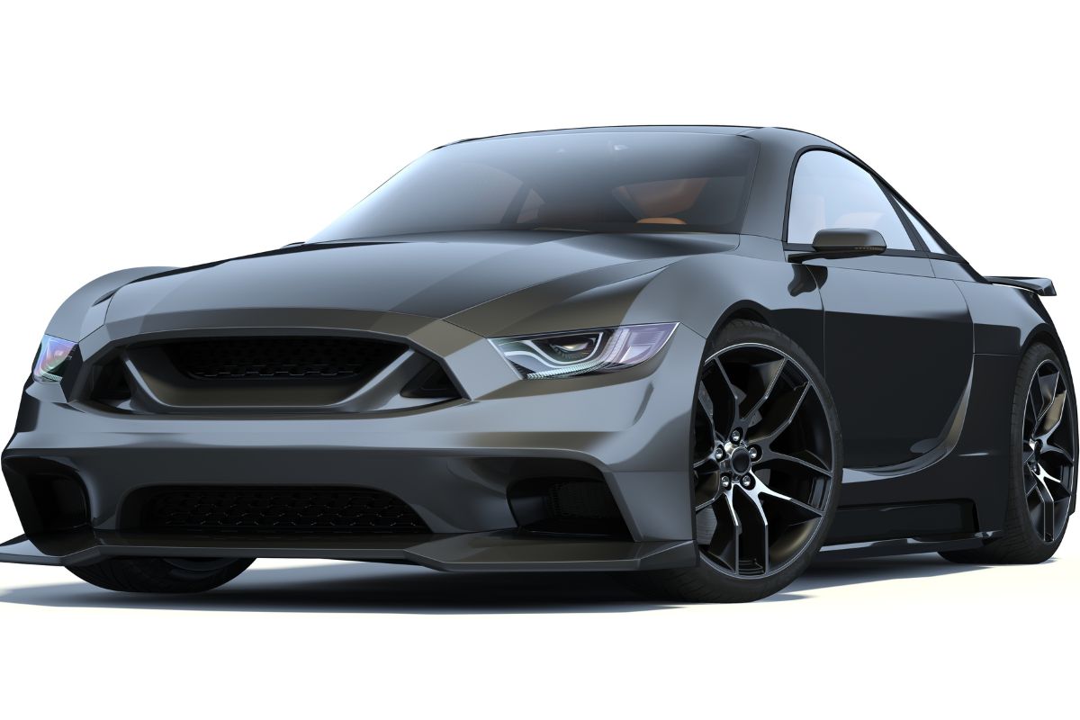 A generic concept automobile in 3D rendering in a studio setting.