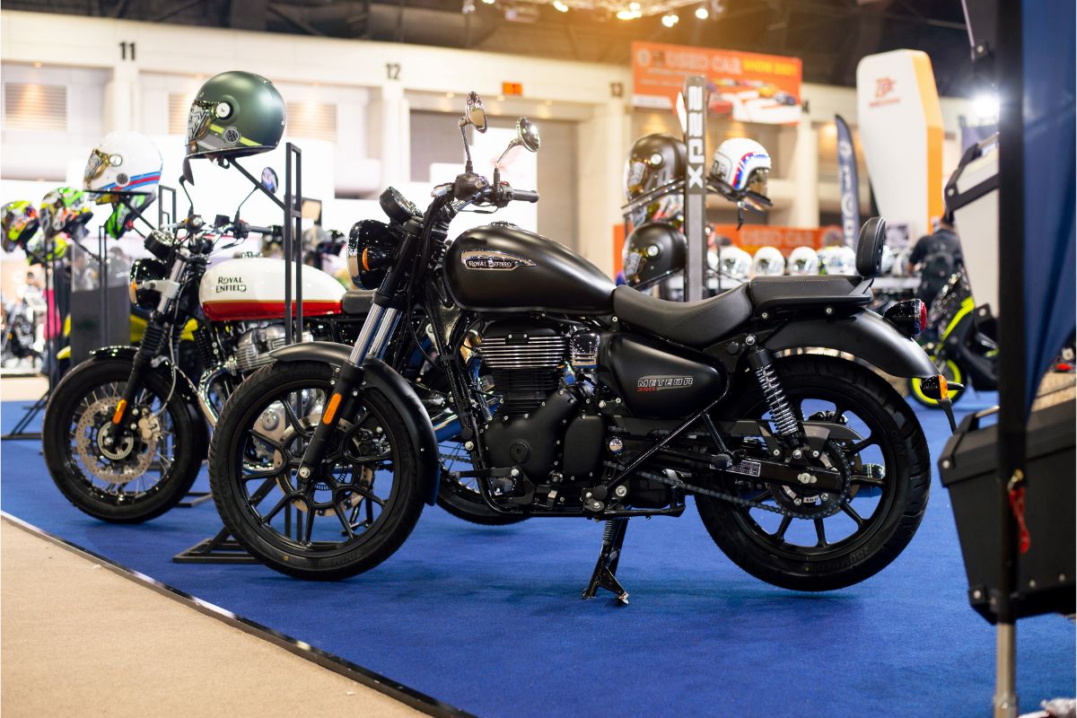 At the Thailand International Motor Show, a Royal Enfield Meteor 350 is seen.