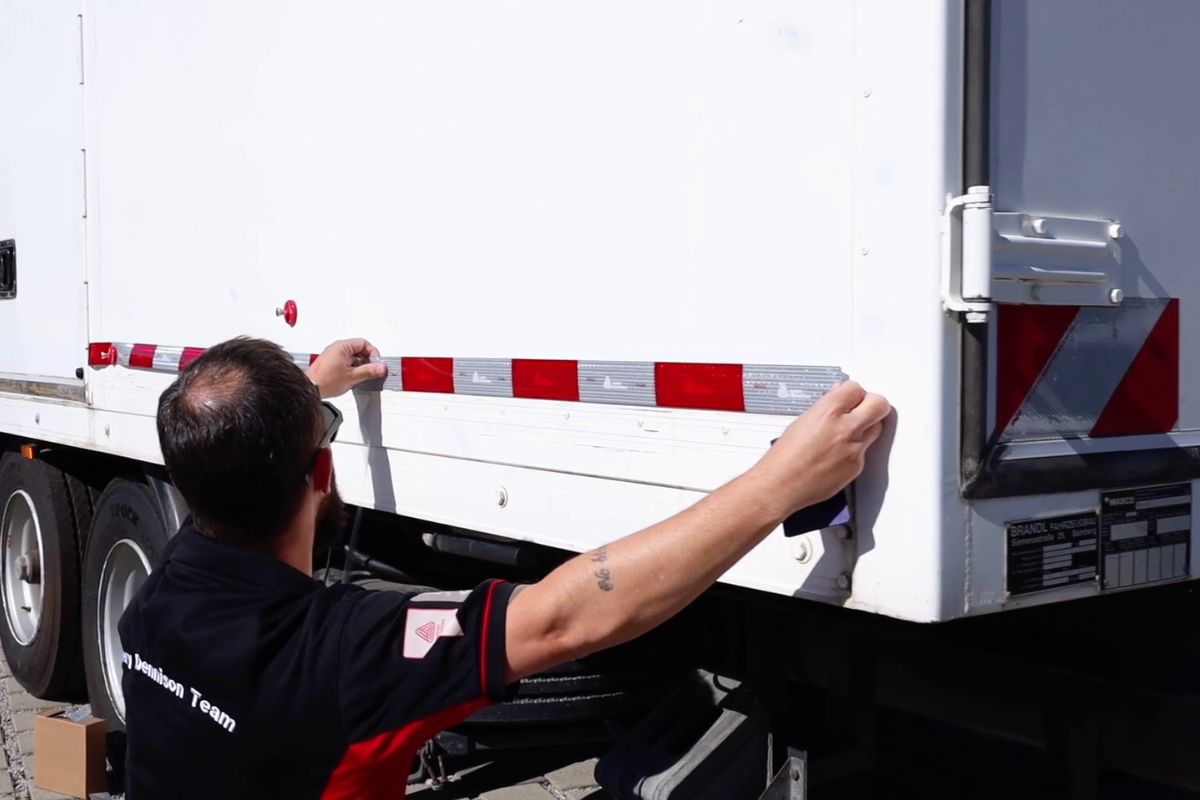 A man installing a conspicuity tape in the side of the truck for safety purposes.