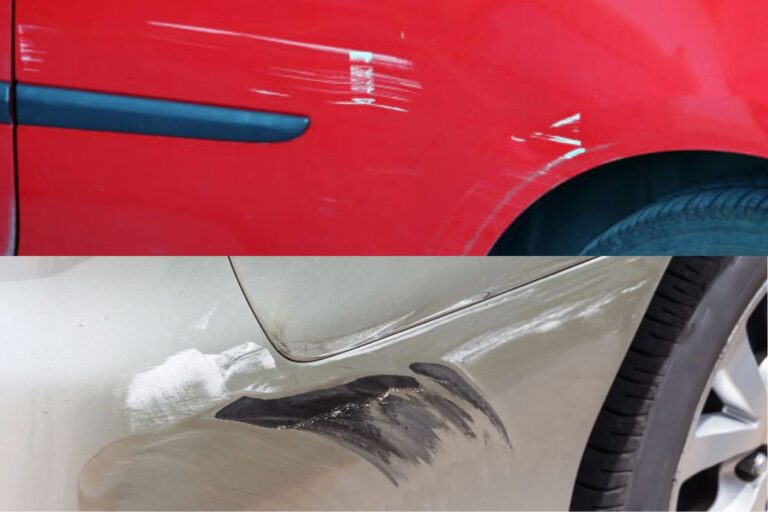 A photo collage of a car scruff and car paint in comparison.