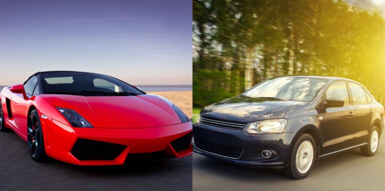 A collage photo of a red sports car and a black sedan.