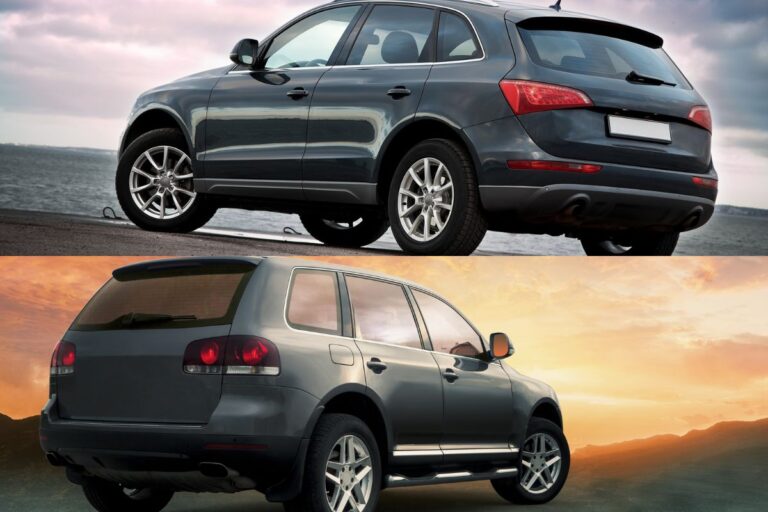 A collage photo of rear view black SUV and metallic grey crossover.