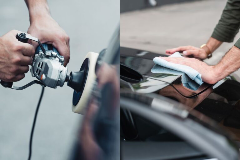 A collage of two images about polishing and waxing cars.